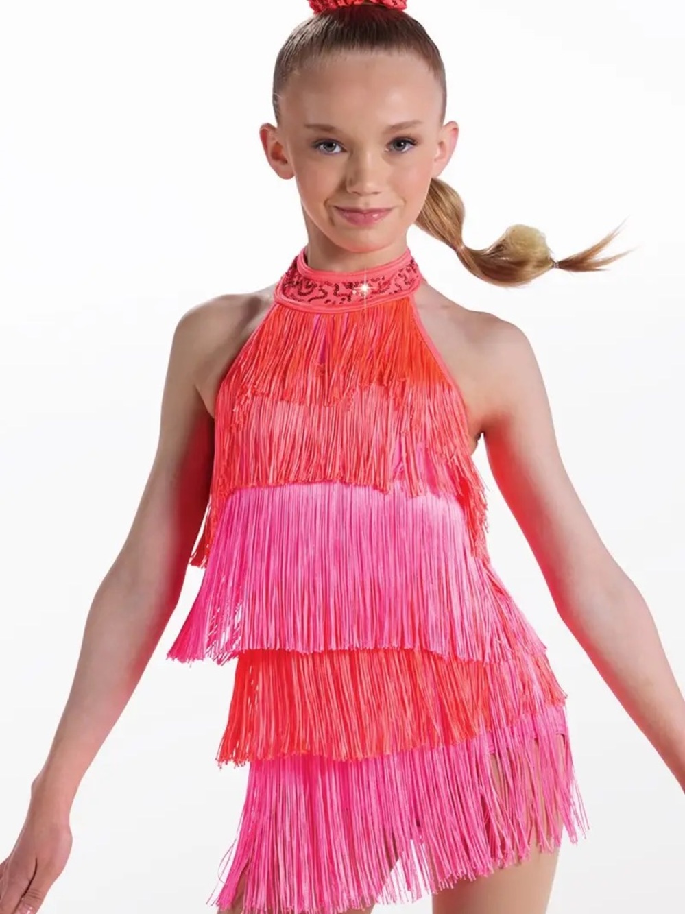 Weissman Girls Size SC Neon Pink Fringe Dancewear Costume Leotard Sequin Halter
